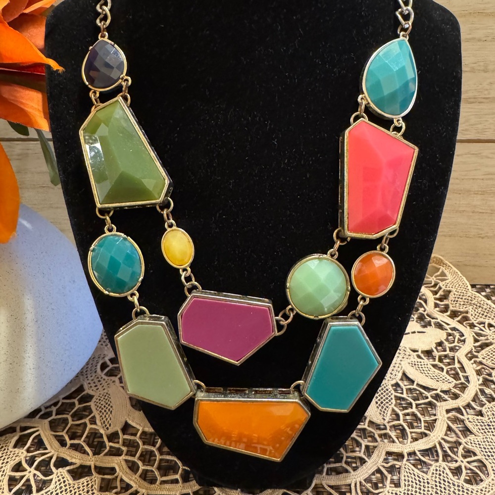 Multicolored Multi Shaped Bib Necklace - image 2